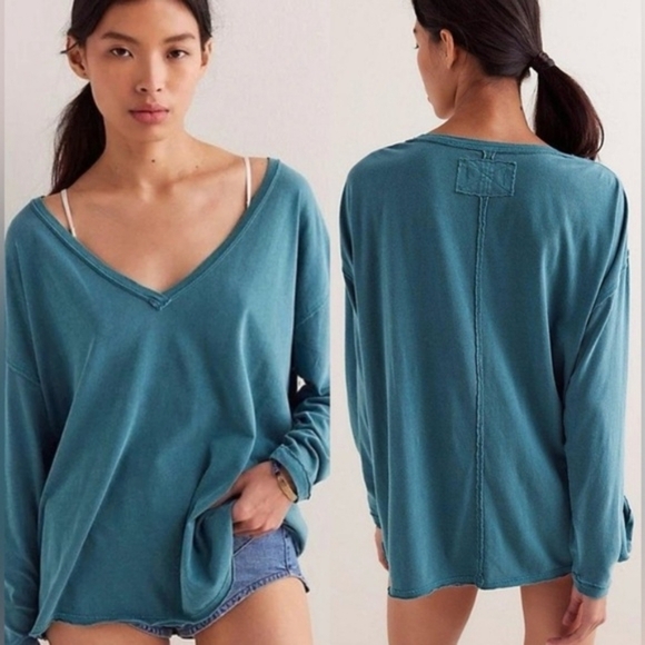 Free People Nina V Neck Long Sleeve TeeHarbor Teal - Picture 1 of 7